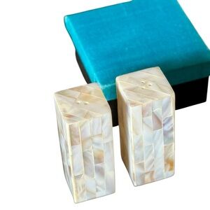 Elegant Mother of Pearl Inlaid Salt & Pepper Shakers with Raw Silk Gift Box